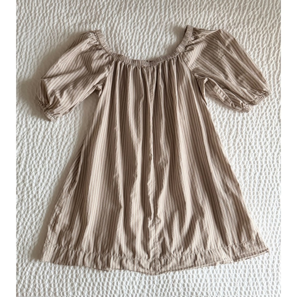 Old Navy Boheme Swing Dress Tan White Striped Puff Sleeve Cotton Mini Medium